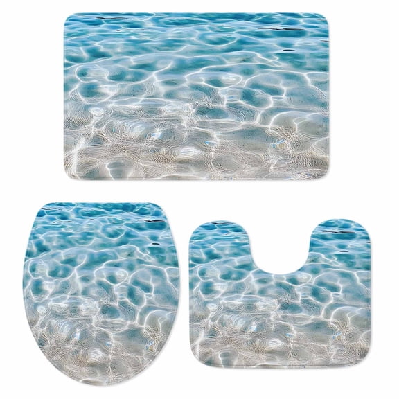 Blue Ocean Bath Mat 3 Piece Bathroom Rug Set, Underwater Sea Waves Water Ripple Seascape Non Slip Bath Rug Contour Mat and Toilet Lid Cover, Absorbent Shower Mats Soft Bath Rugs and Mats Sets