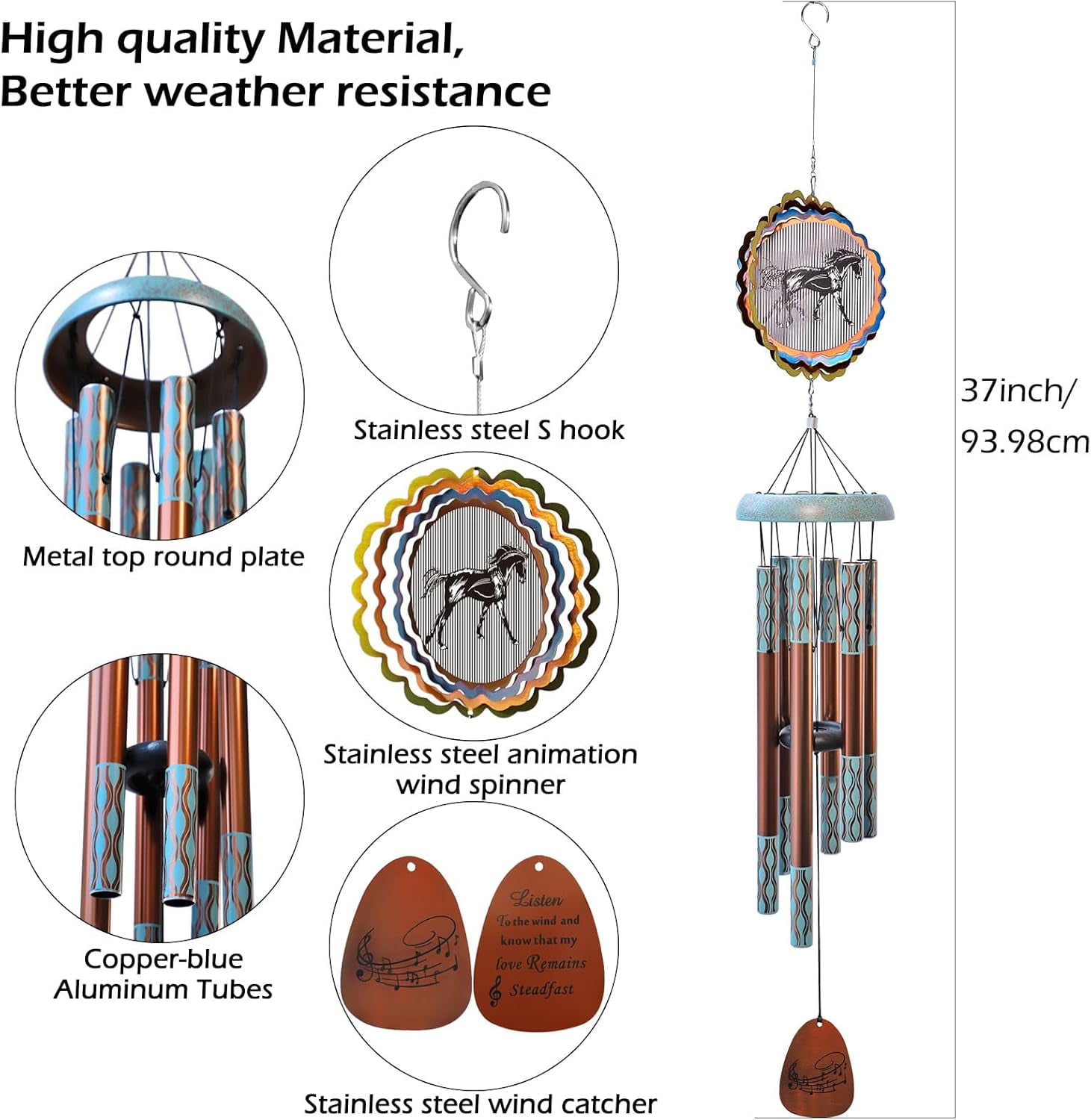 Wind Chimes for Outside with 3D Animations Horse Wind Spinner,37" Memorial Wind Chimes Outdoor Garden Decor,Horse Gifts for Women Mom Grandma Men Father,Patio Decorations,Garden Ornaments