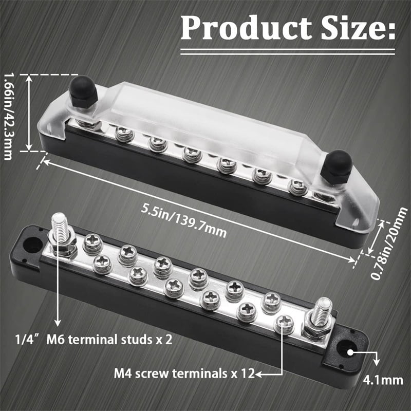 Power Distribution Block 150A Bus Bar Terminal with Cover 2x1/4"(M6) Terminal Studs 12xM4 Screws for Boat Marine
