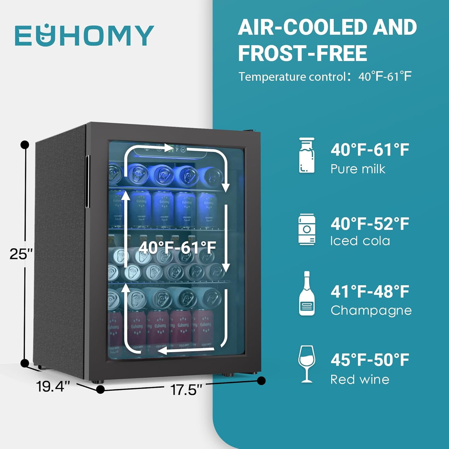 EUHOMY 100 Can Beverage Refrigerator cooler-Mini Fridge Glass Door for Beer Drinks Wines, Freestanding Beverage Fridge with Adjustable Shelves Blue LED for Home/Office/Dorm/Bar, 2.7 cu.ft