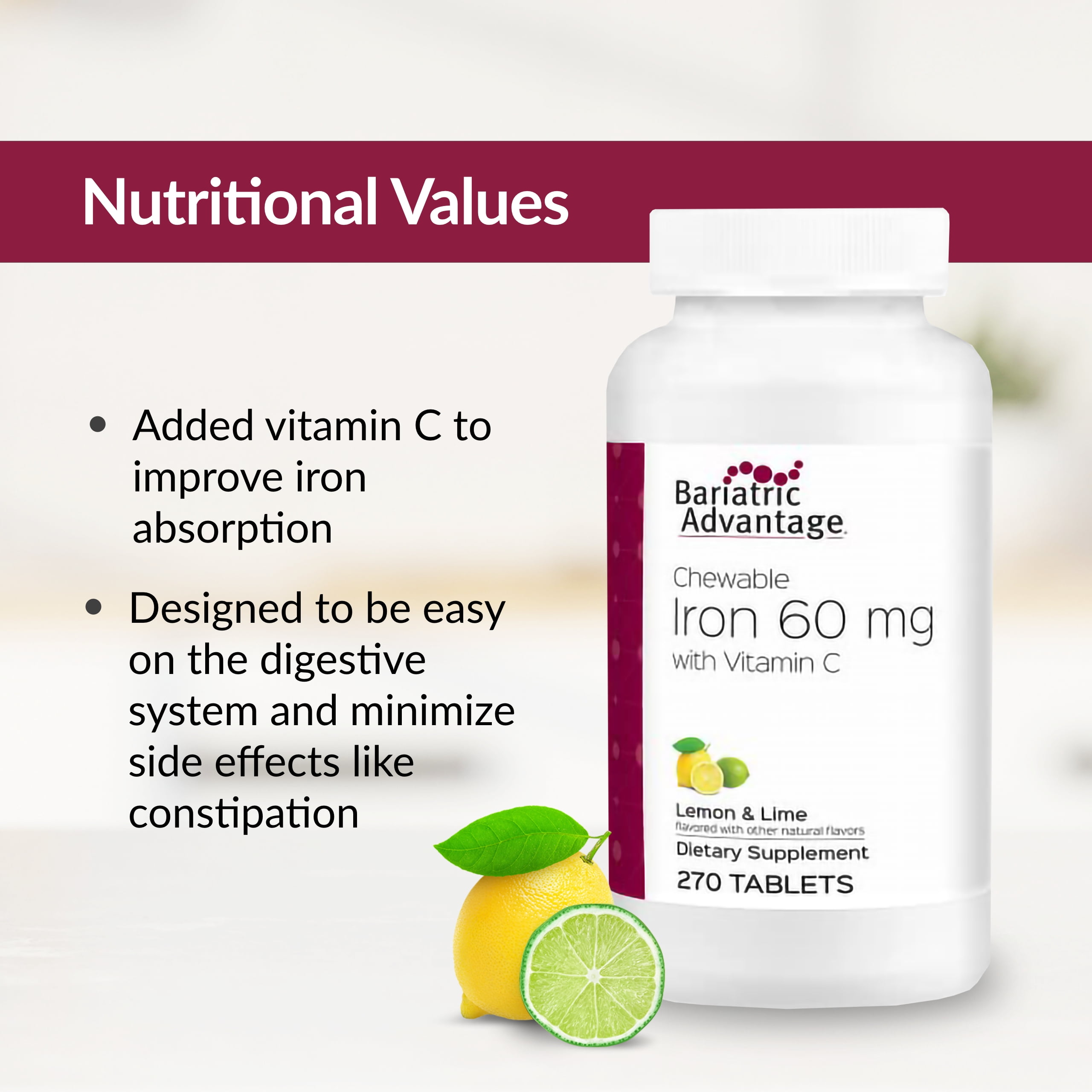Bariatric Advantage Chewable Iron 60 mg - For Bariatric Surgery Patients - Iron with Vitamin C - No Iron Taste - Carbonyl Iron Supplement - Lemon & Lime - 270 Count