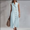 thumbnail image 3 of ClodeEU Women's Sleeveless Collared Linen Blend Midi Shirt Dress,Button Front Wrap Dress with Pockets Light Blue,Women's Plus XL, 3 of 6