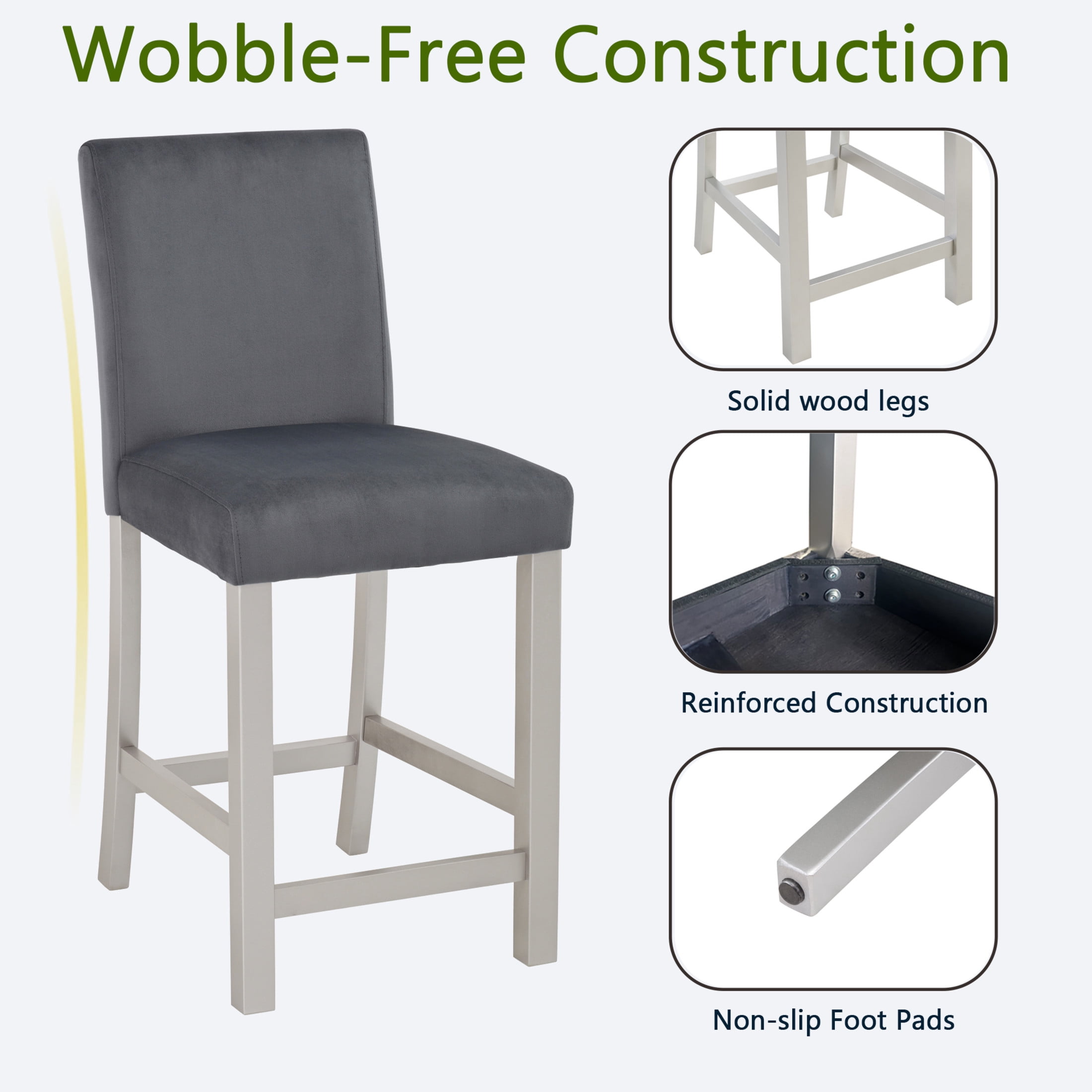 Noble House Counter Height Chairs Set of 4, Upholstered Kitchen Bar Stools with Solid Wood Legs, Silver Gray
