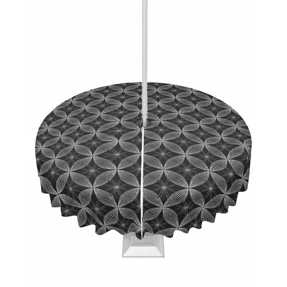 Boanket Outdoor Tablecloth with Umbrella Hole for Patio/Picnic/Party/Camping, Black Geometric Waterproof Table Cloth Round Cover Washable, White Modern Abstract Art Aesthetics (Dia 60")