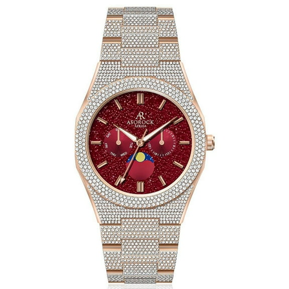 Asorock Watches | Yellow Gold/Red | Iced transporter - Small diamond bezel - Fully iced strap  | 44mm CZ diamond watch