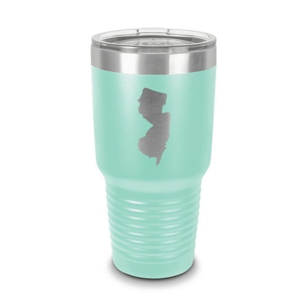 

New Jersey Shaped Tumbler 30 oz - Laser Engraved w/ Clear Lid - Stainless Steel - Vacuum Insulated - Double Walled - Travel Mug - nj - Teal