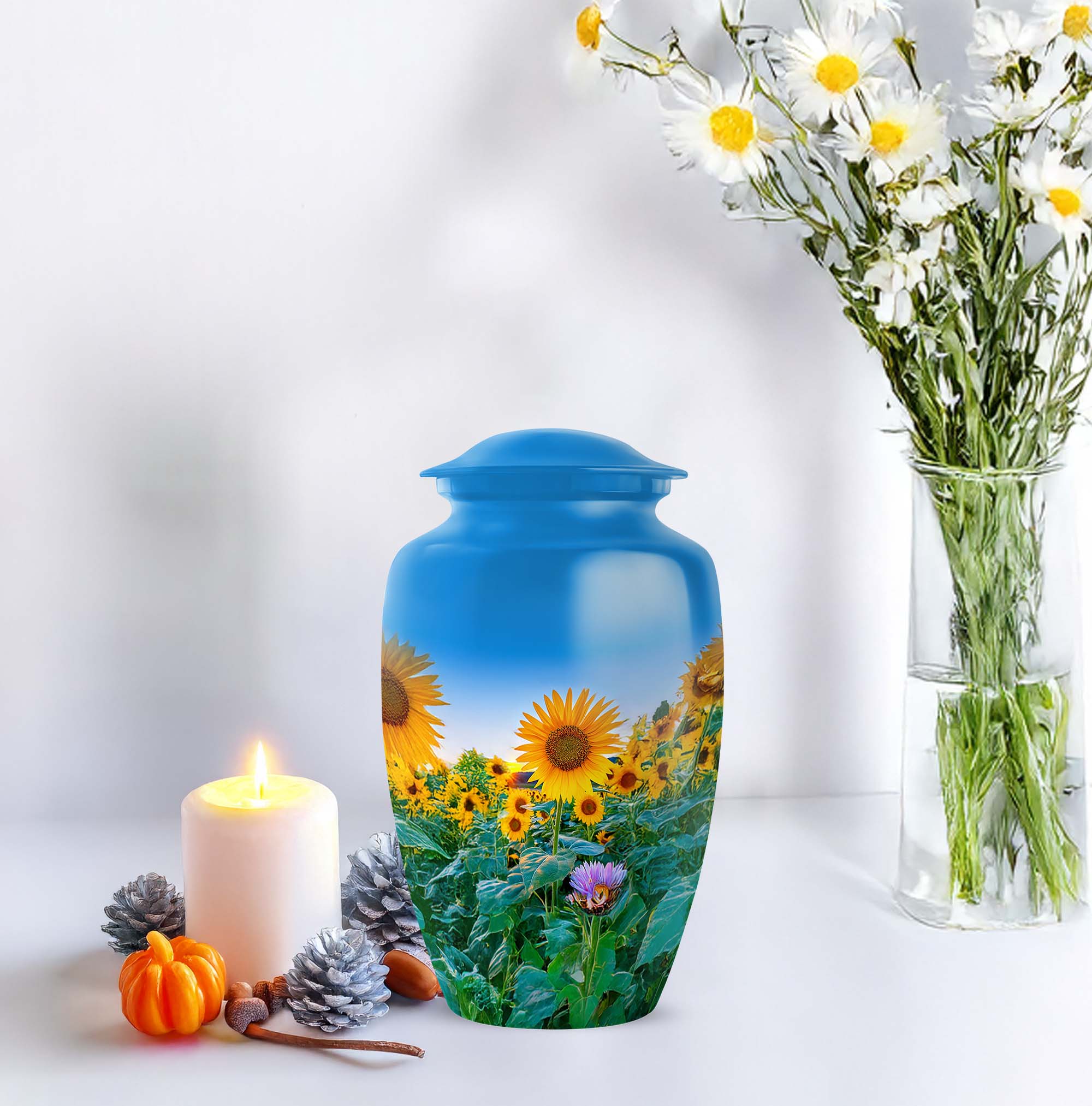 Sunflower Cremation Urns For Ashes For Women, Blue Decorative Urn For Ash Adult Male - 10 Inch, Large Urns For Human Ashes Adult Man, Sunset Burial Urn For Home Or Ceremony