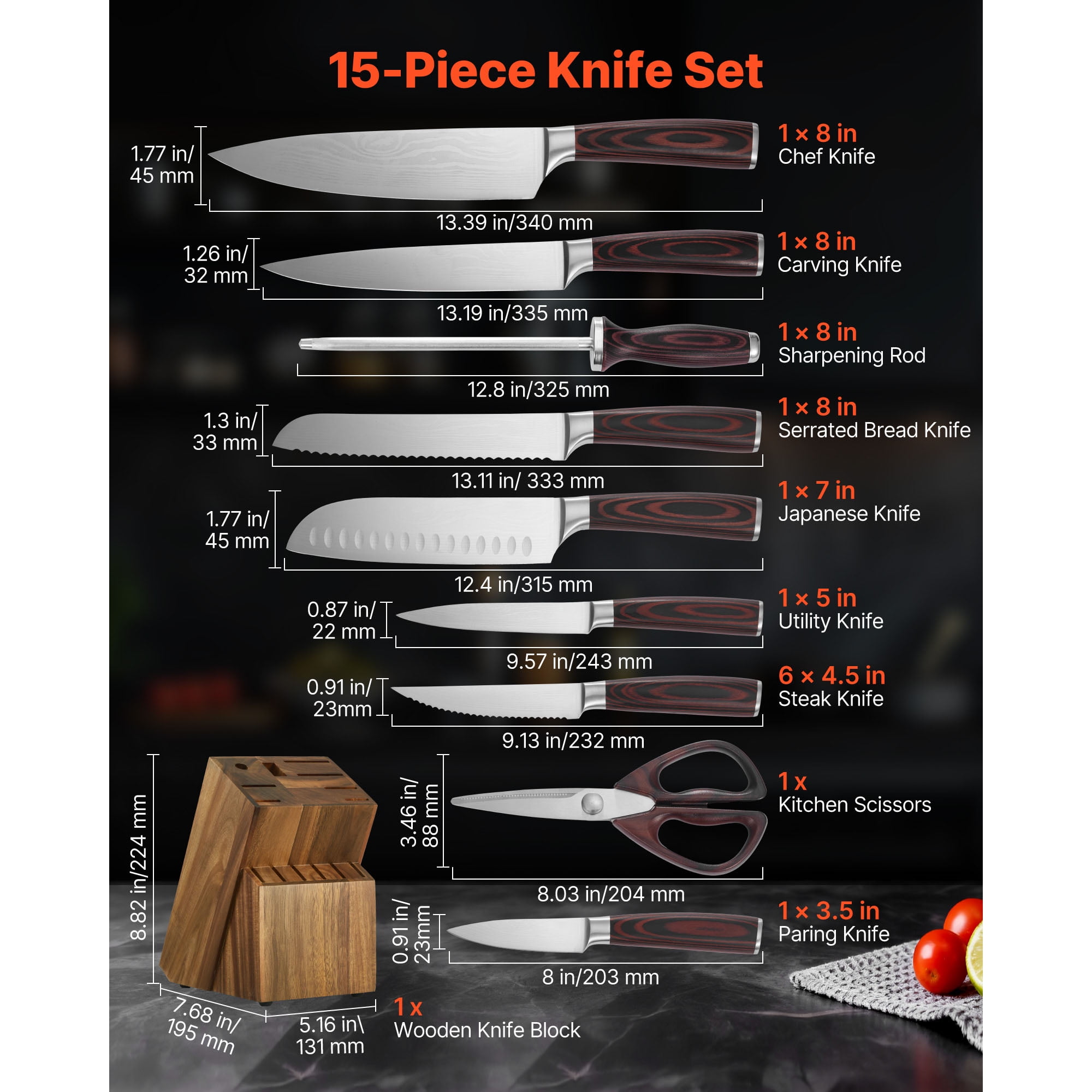 KFFKFF 15-Piece High Carbon Stainless Steel Knife Set with Wooden Block and Sharpener, Durable Kitchen Cutlery Featuring Ergonomic Handles, Rust-Resistant Design, Sharpening Rod, Ideal for Home Use