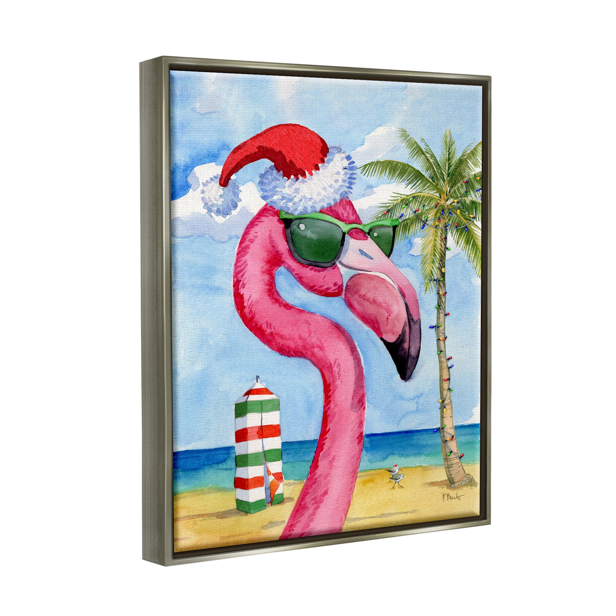 Stupell Industries Flamingo Tropical Christmas Holiday Painting Gray Floater Framed Art Print Wall Art, 17 x 21