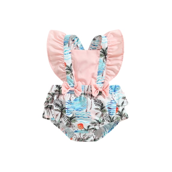 Arvbitana Baby Girl Princess Romper Sleeveless Square Neck Beach Print Ruffle Bodysuit Summer Backless Bow Decor Triangle Jumpsuit for Infant 0-18M