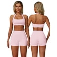 thumbnail image 4 of IBTOM CASTLE Workout Sets for Women Square Neck Halter Sports Bra High Waist Biker Shorts 2 Piece Gym Yoga Outfits S Pink, 4 of 7