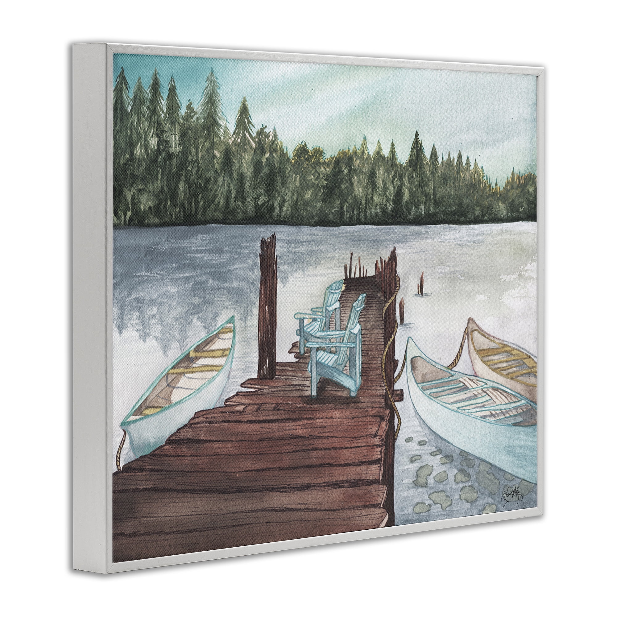 Stupell Industries Canoes at Lake Dock Landscape Painting White Framed Art Print Wall Art, 20 x 16