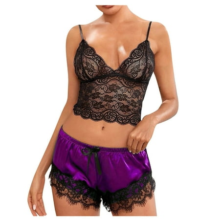 DISKEBUISS Women Lingerie Floral Lace Spaghetti Strap Retro Solid Color Sleepwear