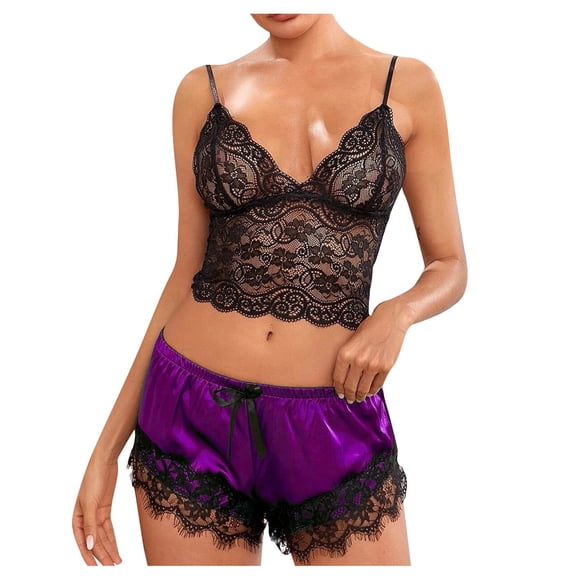 Fashion Sets for Womens Satin Pajamas Set Womens Floral Lace Cami Tops and Satin Shorts Set Soft Sleepwear Sexy Lingerie Outfits Clothes