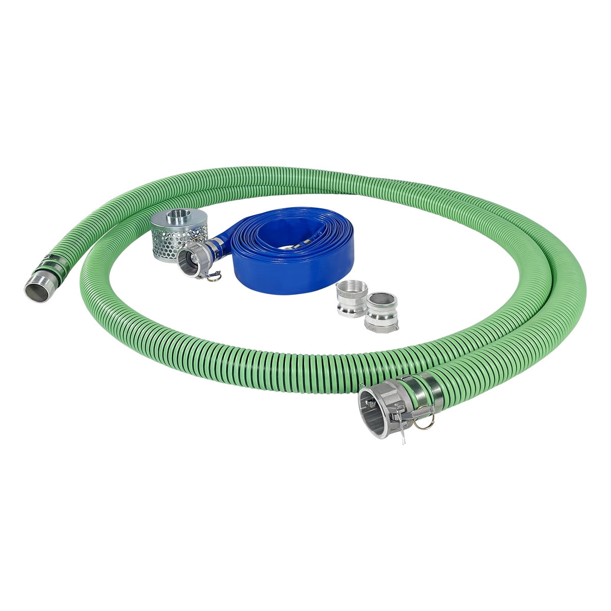Gloxco 2" Pump Hose Kit, Includes 2 inch x 20 ft Green EPDM Suction Hose, 2 inch x 50 ft Blue Lay Flat Discharge Hose, Plated Steel Suction Strainer and Two Additional Male Cam and Groove Adapters