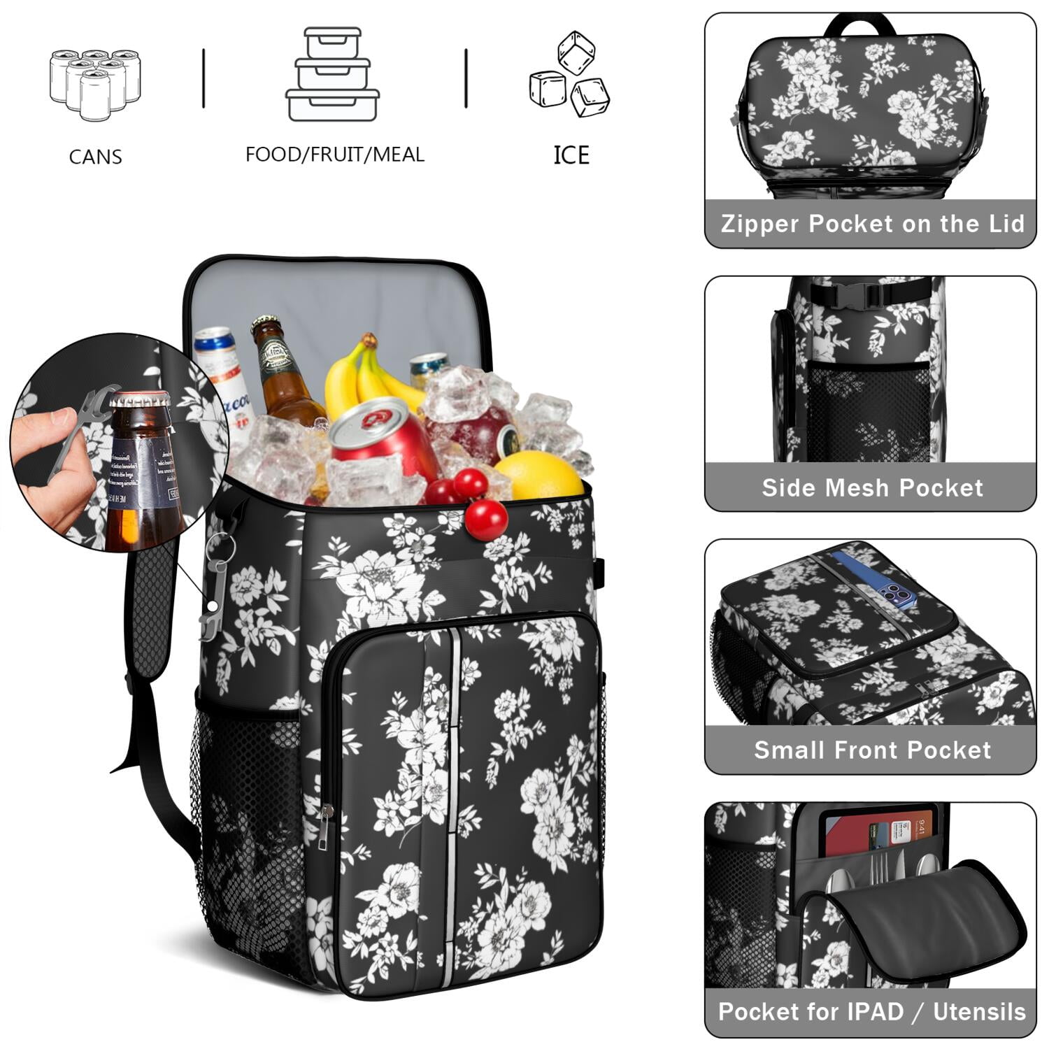 Travel Cooler Bag - Pioneer Flower Floral Print Pattern Camping Beer Cooler Backpack with Bottle Opener- Waterproof Insulated Picnic Backpacks - Cooler Bag for Beach