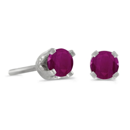 - 14k Petite White Gold Round Genuine Ruby Stud Earrings