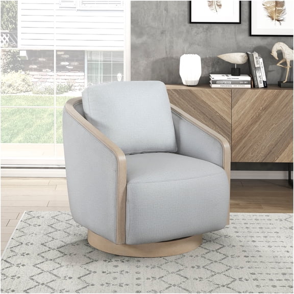 JERFIT Modern Swivel Accent Chair with Oak Trim, 360° Rotating Lounge Chair for Living Room, Plush Gray Fabric Upholstery, No Assembly Required