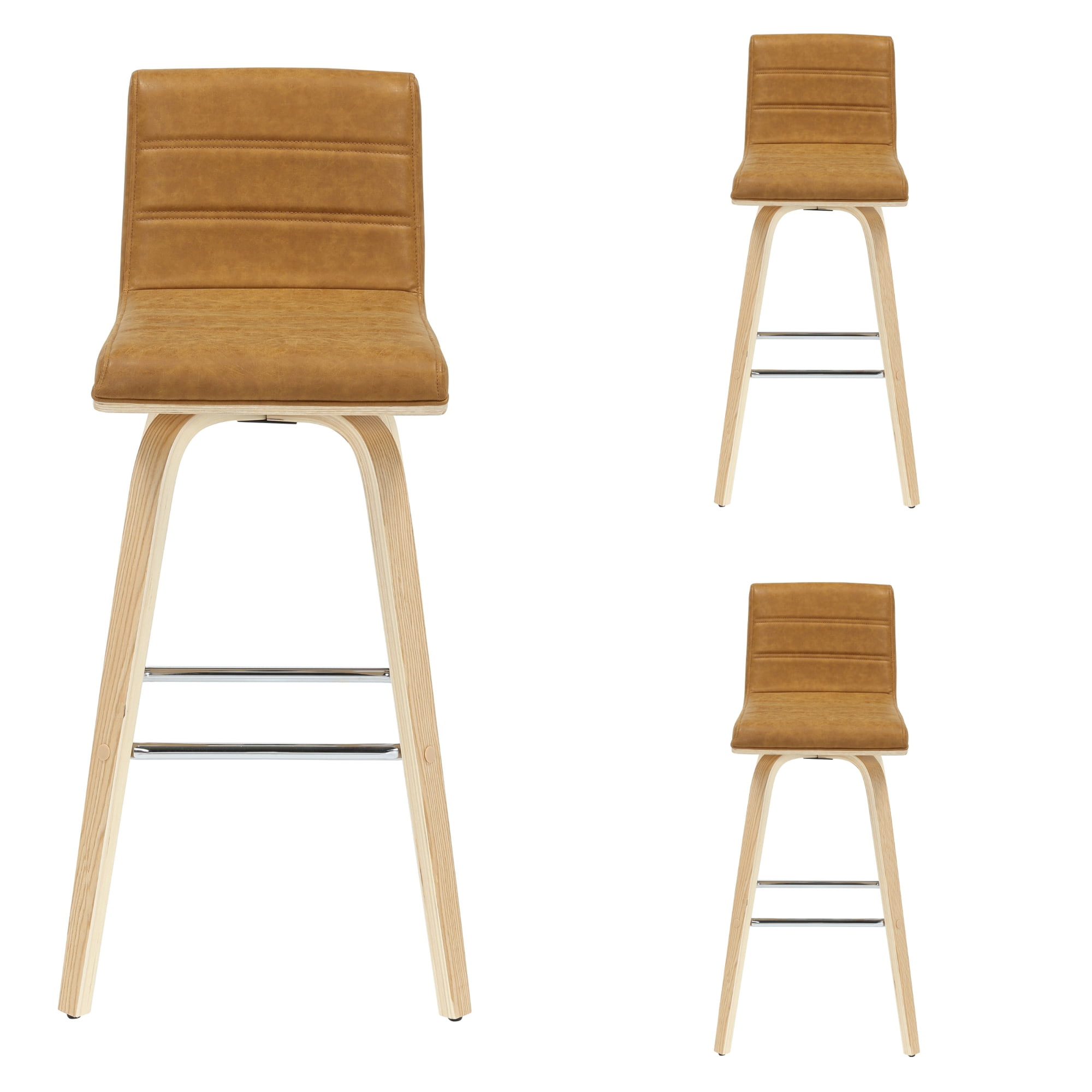 Vienna 39.5 in. H Swivel Bar Height Camel Square Back Wood Bar Stool with Faux Leather Seat Set of 3