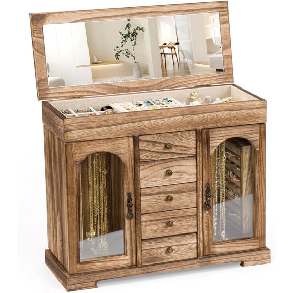 Box for Women Girls, Rustic Wooden Organizer Box with Mirror, 5 Layer Storage Case Display for Necklaces Earrings Rings Bracelets Valentine's Day Gifts