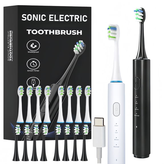 2pcs Sonic Electric Toothbrush for Adults, IPX7 Waterproof, 8 Brush Heads, 4 Modes, Soft, W-Shape Bristles with Fading Reminder, 2-Minute Smart Timer with 30-Second Quadrant Reminder