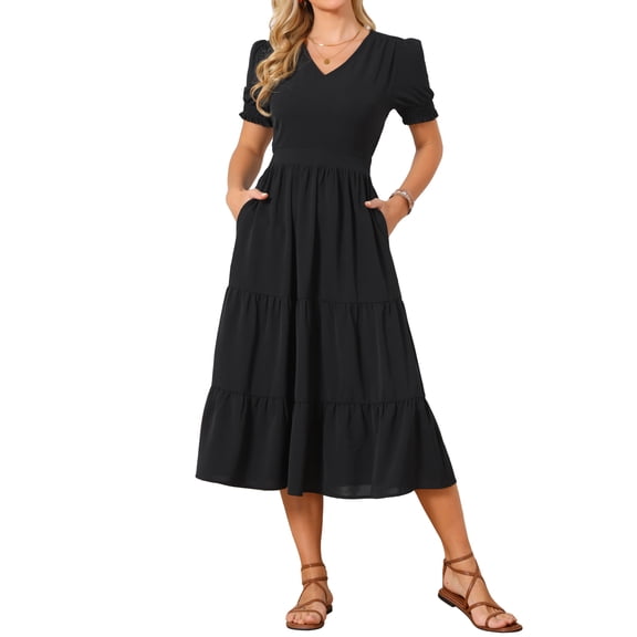 INSPIRE CHIC Women's Summer Dresses Smocked Floral Sundress Tiered Beach Flowy Boho Maxi Dress S Black