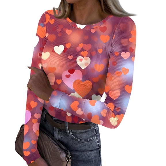 Valentine's Day T-Shirt for Women Long Sleeve Stretch Crewneck Ribbed Heart Print Fitted Casual Basic Top 2026 Fall Winter Wear Saffron 3XL
