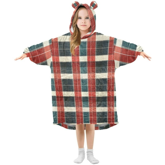 FORMRS Wearable Blanket Hoodie with Sleeves for Kids Cozy Flannel Sweatshirt, Vibrant Red Tartan Pattern