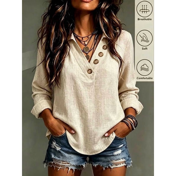 Women's Beige V-Neck Button Trim Long Sleeve Pullover Top