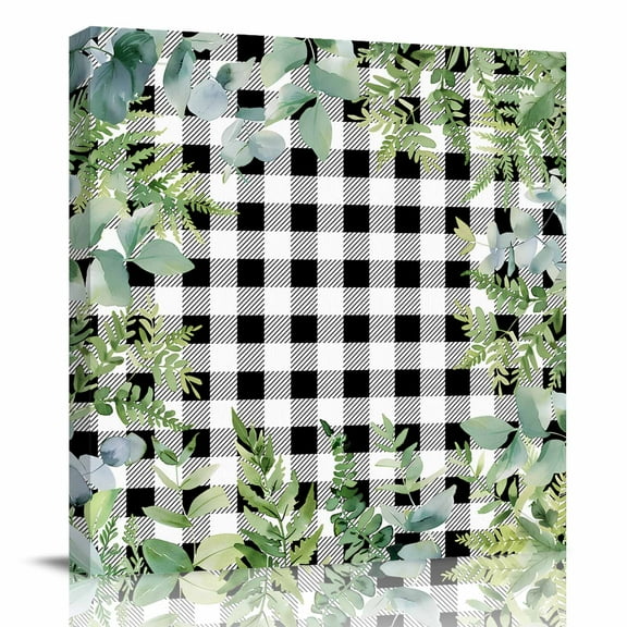 Canvas Print Wall Art Oil Paintings Summer Rustic Eucalyptus Leaf Picture Prints Artwork for Living Room Kitchen Bathroom Bedroom,Stretched and Framed Ready to Hang,Black White Buffalo Plaid