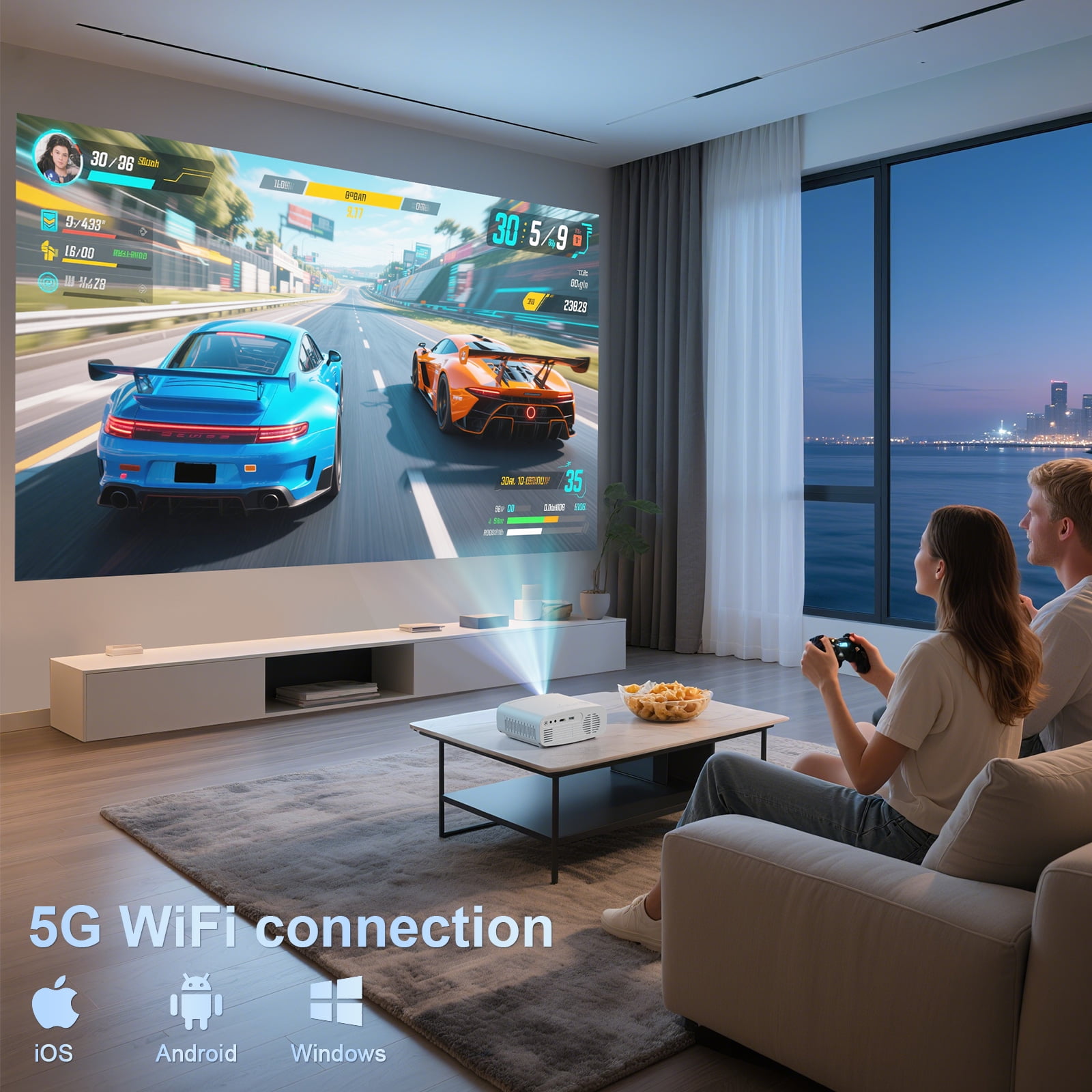 Electric Focus 5G WiFi Bluetooth Video Projector, Full HD 1080P Outdoor Movie Projector (Projector Screen and Tripod Included), Portable Projector Compatible With HDMI/ USB/ AV/ Smartphone/ TV Stick