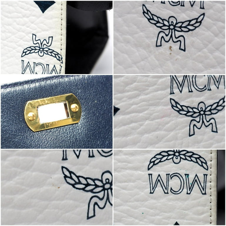Authenticated Used MCM handbag shoulder bag 2way crossbody ladies'  trapezoid brand logo Visetos pattern with coin case / leather gold metal  fittings white navy 