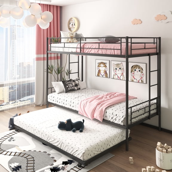 Bunkbed with Roll Out Trundle Bed Frame, Metal Bunk Bed Can Be Divided Into Two Twin Beds, Trundle Twin Bunk Bed with Ladders and Guardrails for Guest Room, Space Saving Bedroom Furniture, Black, K87