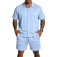 thumbnail image 6 of CONZONE Mens 2 Peice Beach Outfits Solid Color Short Sleeve Buttons Up Shirts Shorts Sets Breathable Summer Tracksuits, 6 of 7