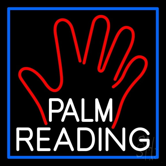 White Palm Reading Blue Border LED Neon Sign 16" Tall x 16" Wide - inches Black Square Cut Acrylic Backing, with Dimmer - Bright and Premium built indoor LED Neon Sign for Storefront.