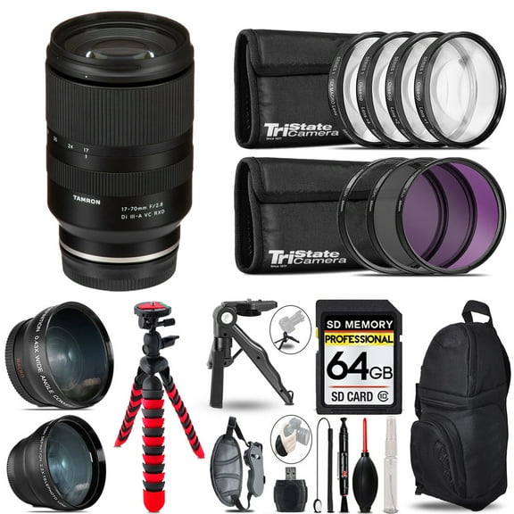 Tamron 17-70mm f/2.8 Di III-A VC RXD Lens for Sony E   3 Lens Kit   Tripod   Backpack - 64GB Accessory Bundle