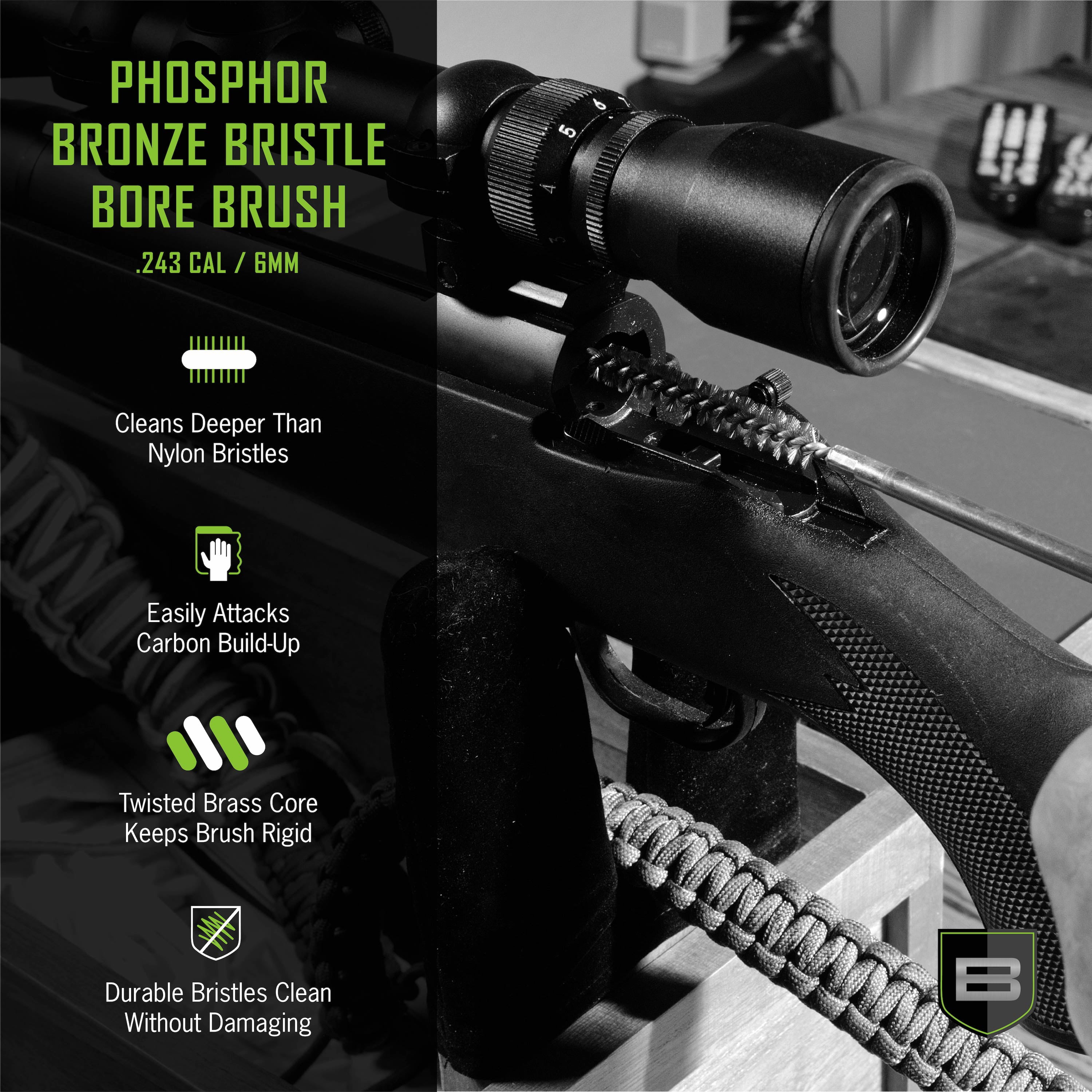 Breakthrough Clean Technologies® Phosphorus Bronze Bristle Bore Brush, .243 Cal. & 6mm