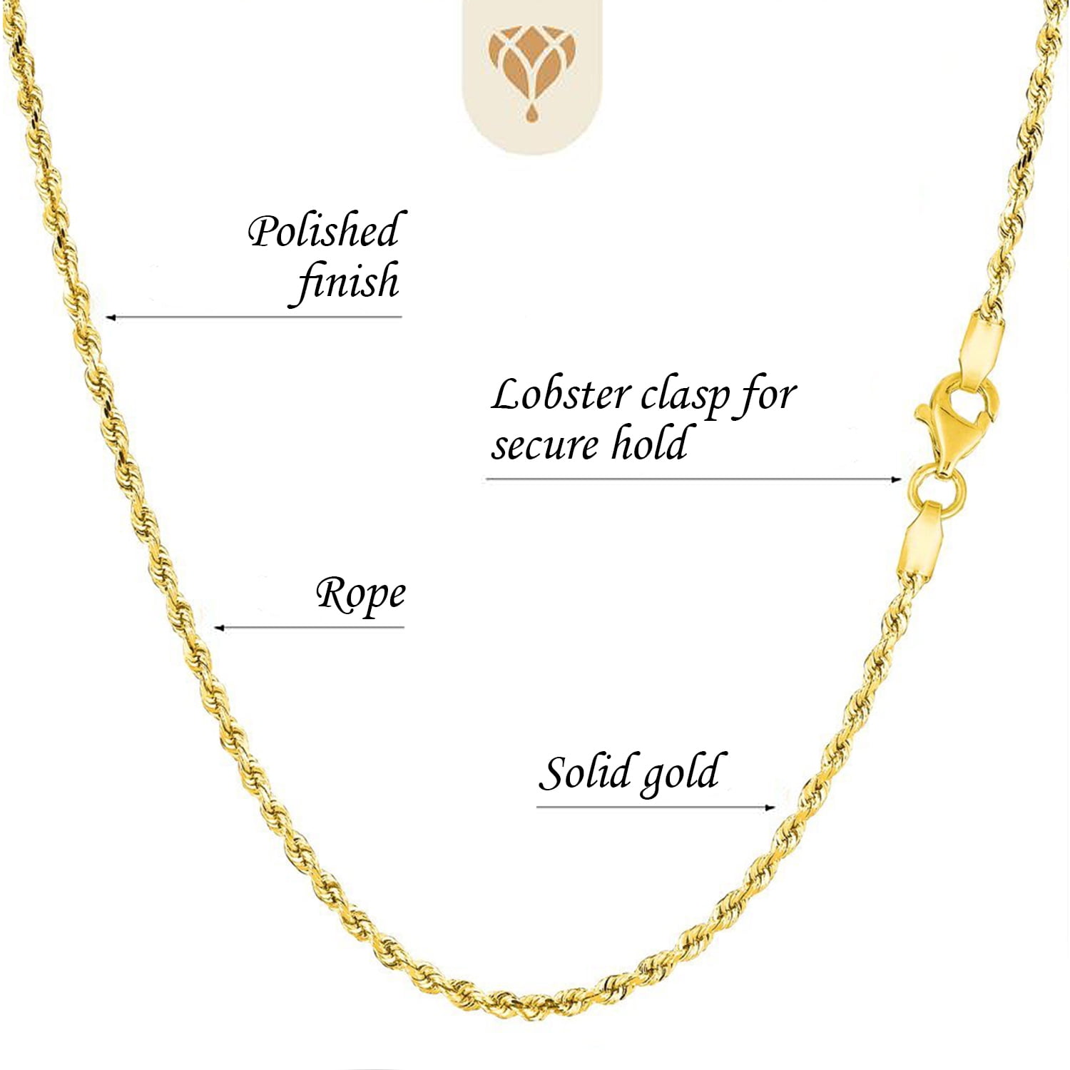 14K Yellow Gold 2.5mm Shiny Hollow Rope Chain Necklace for Pendants and Charms with Lobster-Claw Clasp (16", 18" 20" 22" or 24 inch)