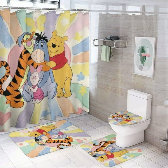 4 Piece Shower Curtain Set with Rugs Winnie The Pooh Shower Curtain Bathroom Sets Decor Waterproof