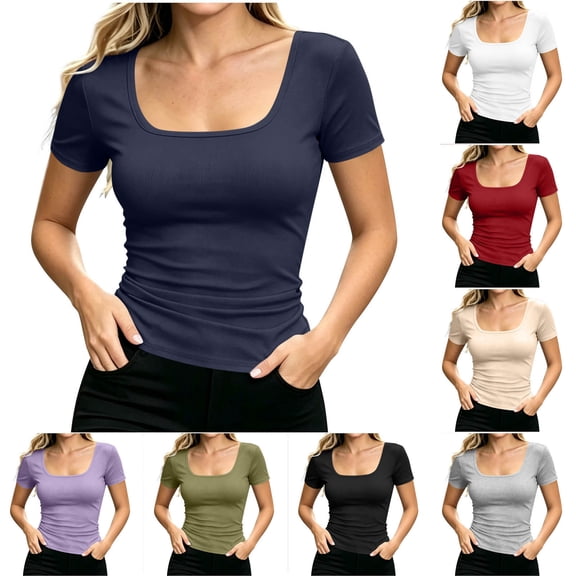 GUACER Short Sleeve T-Shirts for Women Ribbed Square Neck Casual Solid Slim Fit Basic Tee Tops