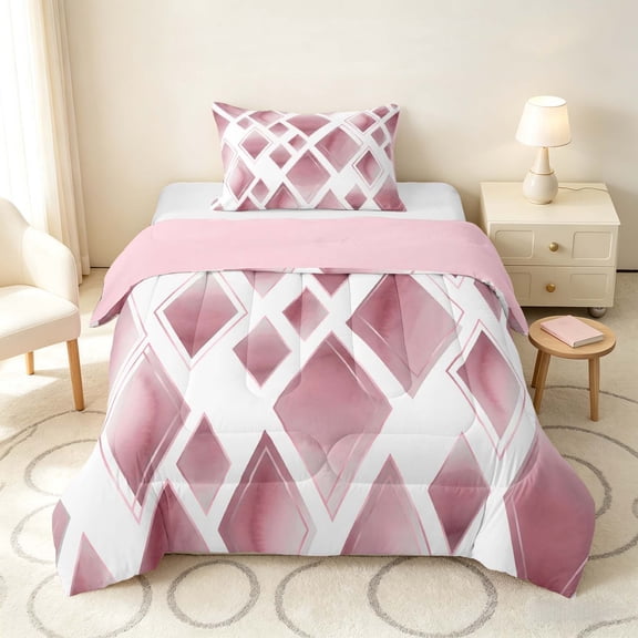 Manfei Watercolor Diamond Geometric Twin Comforter Sets, Rose Gold Metalic Bedding Set, Pink White, Pink Reversible 2 Pieces, 1 Comforter and 1 Pillowcase