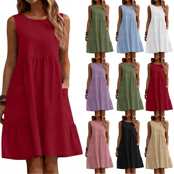 cocolona Summer Dresses for Women Sleeveless Crew Neck Pleated Mini Dress Vacation Beach Sundress with Pockets