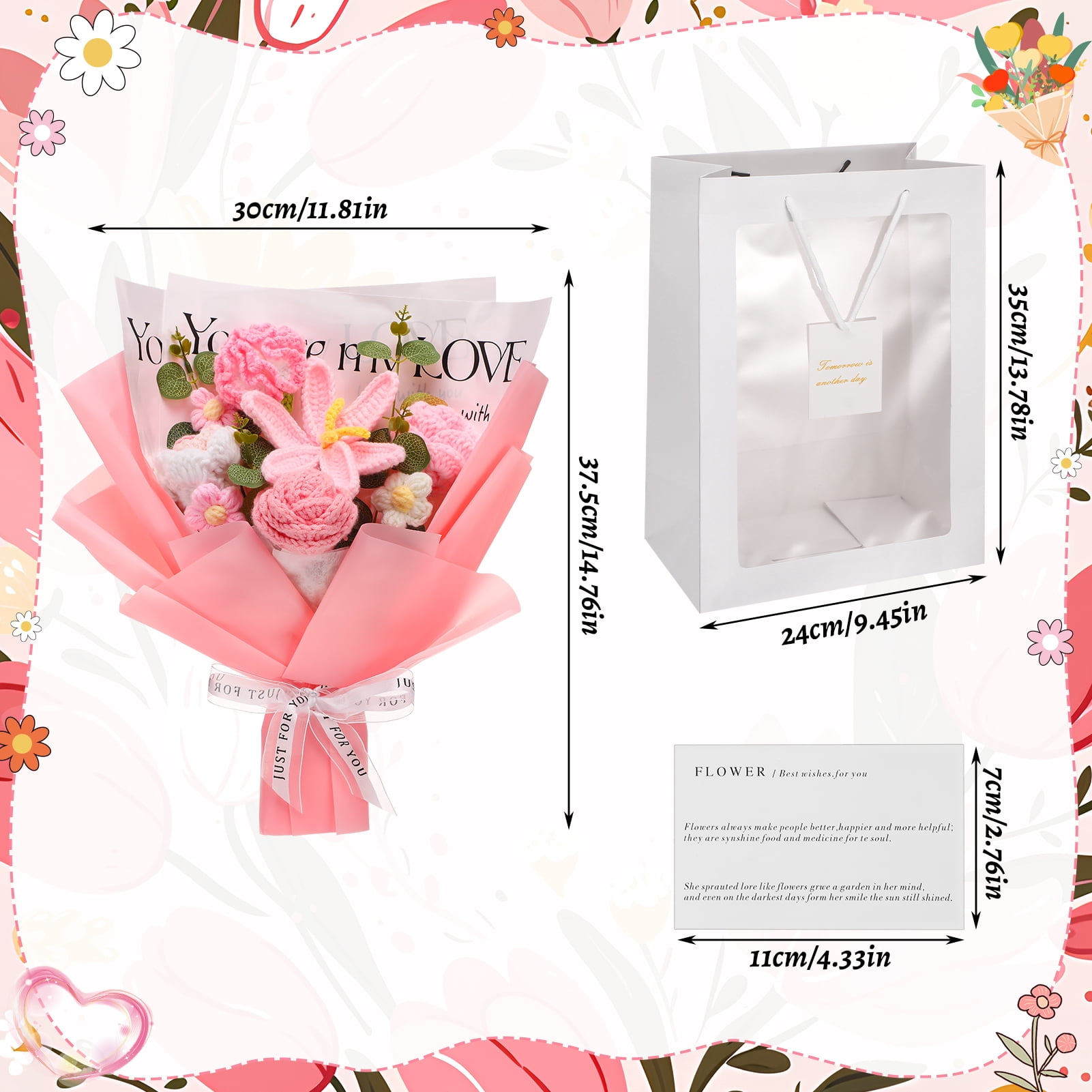 Armscye Pink Crochet Flower Bouquet, Handmade Knitted Flowers with Card, You Are My Love Bouquet, End of Year Graduation Thank You Gift for Teacher, Her, Friend, Farewell Arrangement