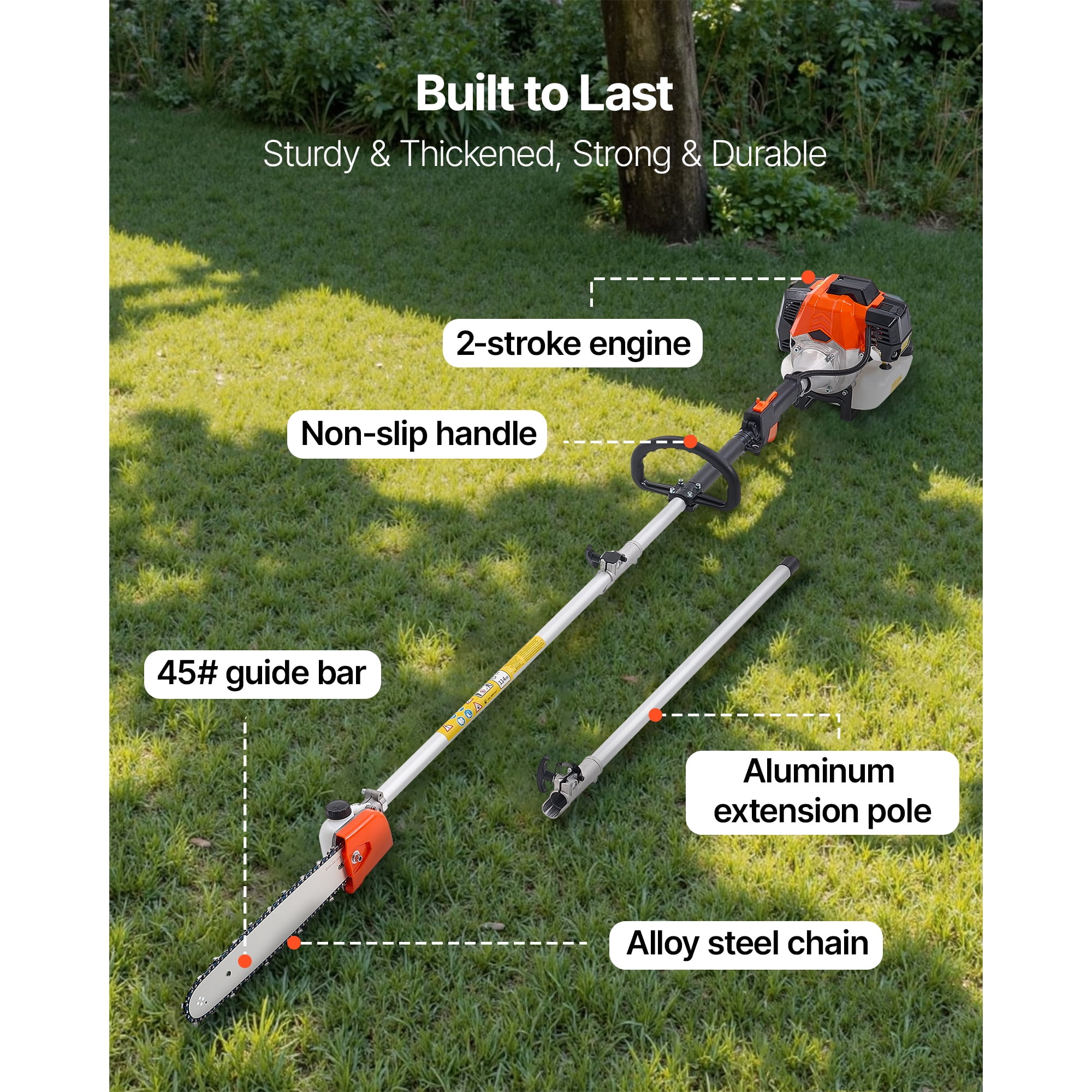 KFFKFF Gas-Powered Pole Saw, 52CC 2-Stroke Engine with 14-Inch Cutting Bar, Cordless Tree Trimmer Featuring 30 fl.oz Fuel Tank, Adjustable Length from 7.2 to 10 ft, Efficient Chainsaw
