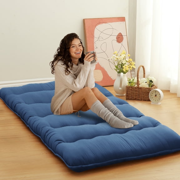 Japanese Futon Floor Mattress Twin/Full Size Sleeping Mat, Tatami Mat, Portable & Foldable Roll Up Camping Mattress Pad for Sofa Lounger, Navy Blue, Twin (99*203cm)