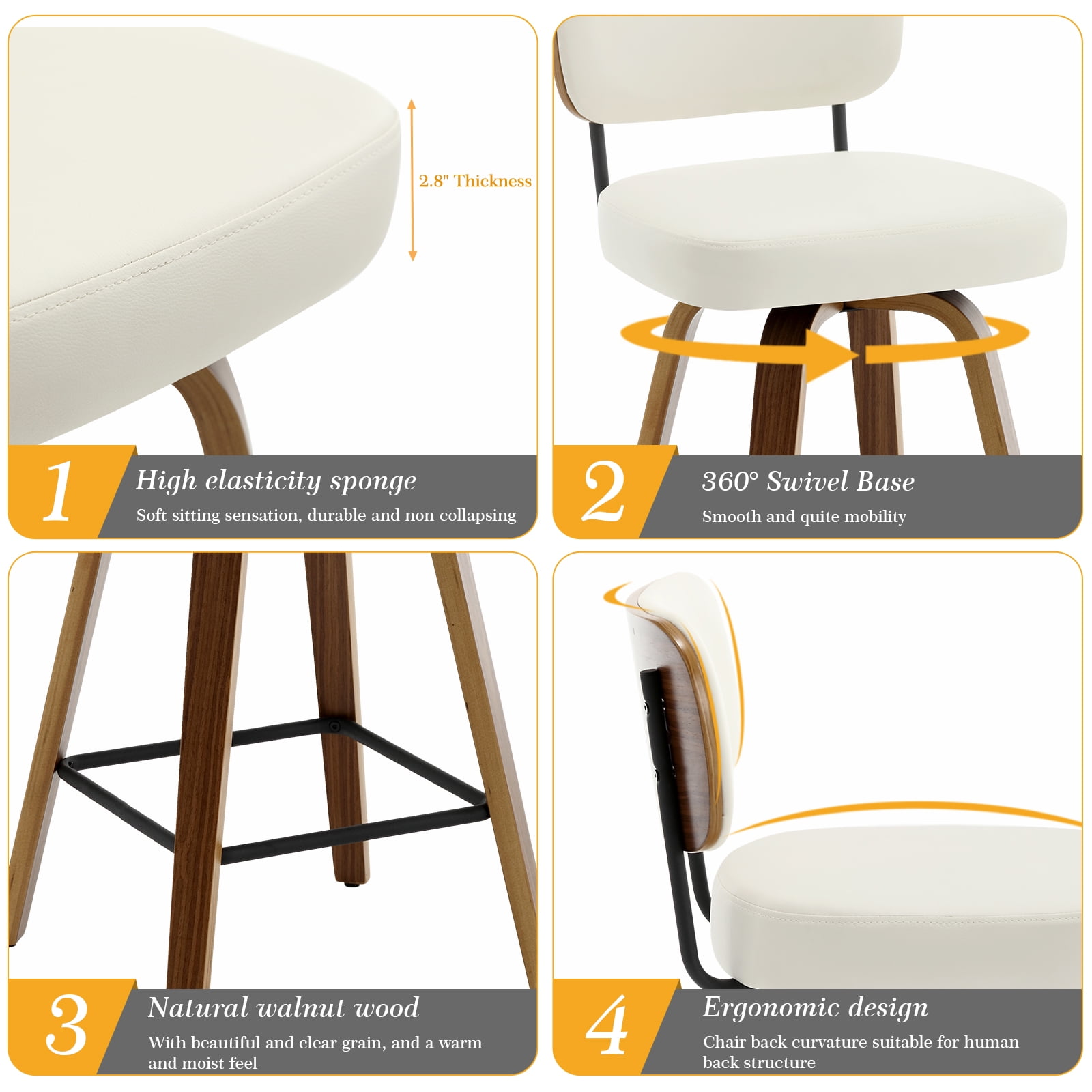 Swivel Counter Height Bar Stools, Set of 2, 26" Upholstered PU Leather Barstools with Back Wood Legs, Mid Century Modern Bar Chair Island Stool for Kitchen Counter, Cream White