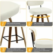 Swivel Counter Height Bar Stools, Set of 2, 26 Upholstered PU Leather Barstools with Back Wood Legs, Mid Century Modern Bar Chair Island Stool for Kitchen Counter, Cream White