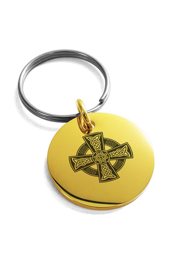 Stainless Steel Celtic Cross Rune Knot Engraved Small Medallion Circle Charm Keychain Keyring