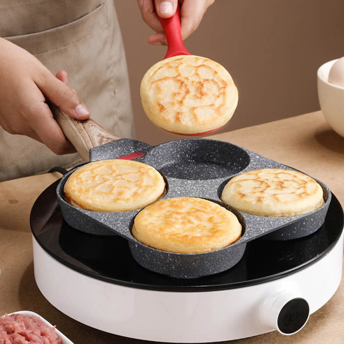 Non-stick Egg Frying Pan, 4 Holes Skillet with Handle,Multifunctional Wooden Handle Omelet Non-stick Cookware Frying Pan,Versatile Breakfast Skillet for Eggs Pancakes Plett Crepes(White)