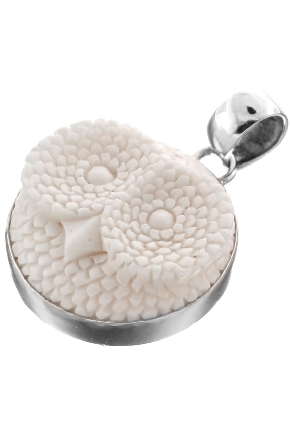 Hand Carving Owl Buffalo Bone 925 Sterling Silver Pendant, 1 1/4"